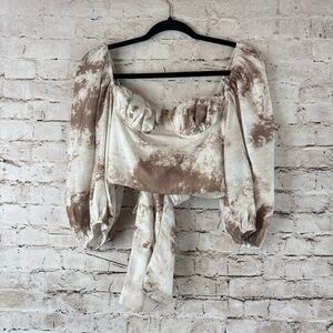 isalis Women's M Off the Shoulder 3/4 Sleeve Cropped Blouse Brown Off White Med